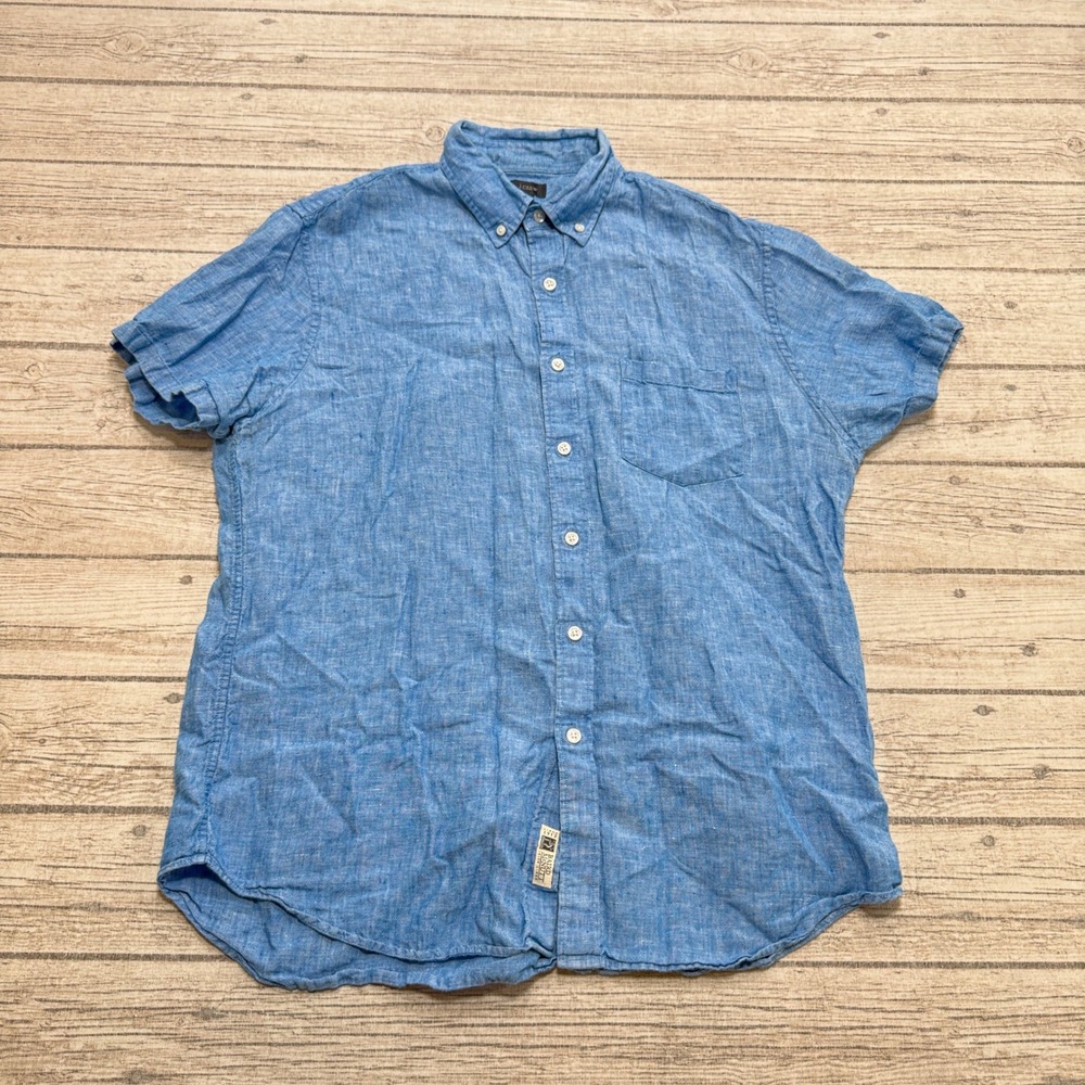 J.Crew Shirt Men's Large Blue Baird McNutt Irish Linen Short Sleeve Button Down
